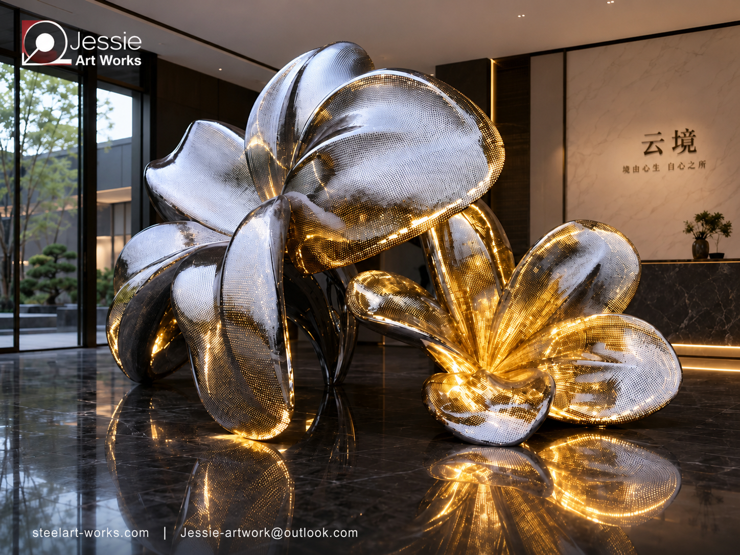 Mirror Polished Stainless Steel Orchid and Rose Flower Sculpture for Outdoor Garden Decoration