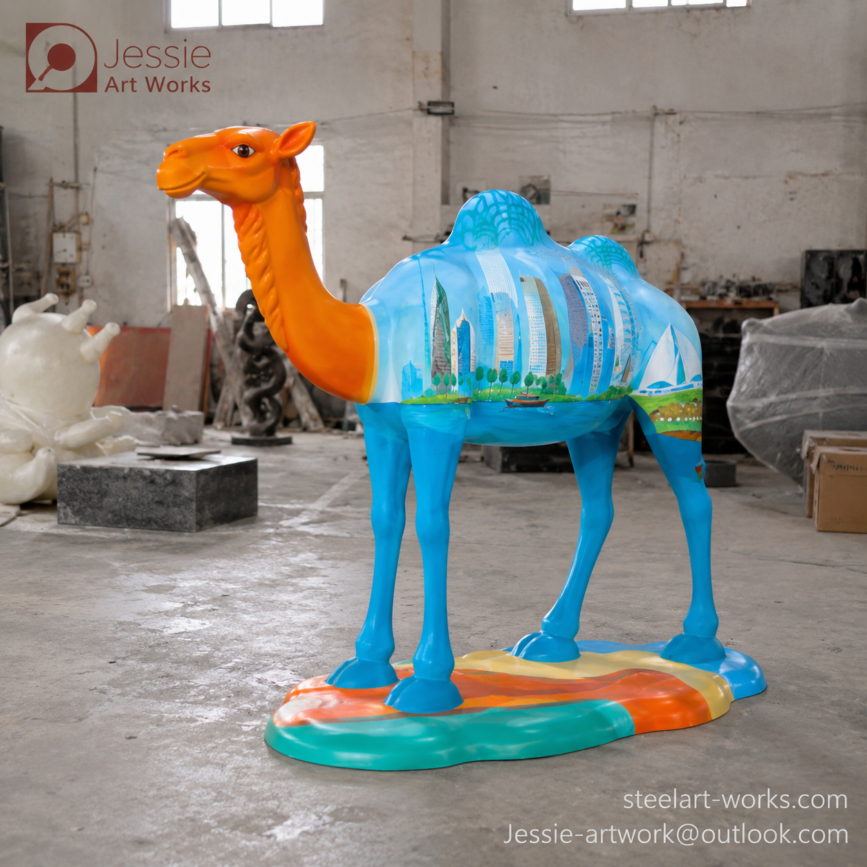 Life Size Fiberglass Camel Sculpture with Hand-Painted Patterns