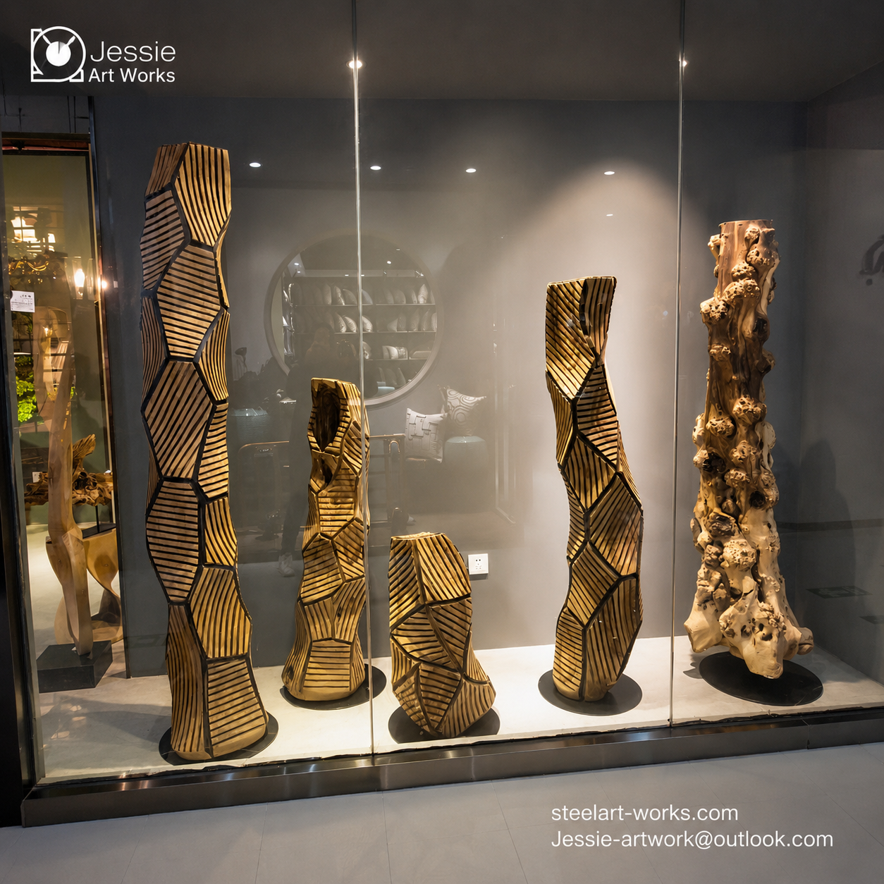 Custom Abstract Wood Sculpture with Hand-Painted Line Pattern