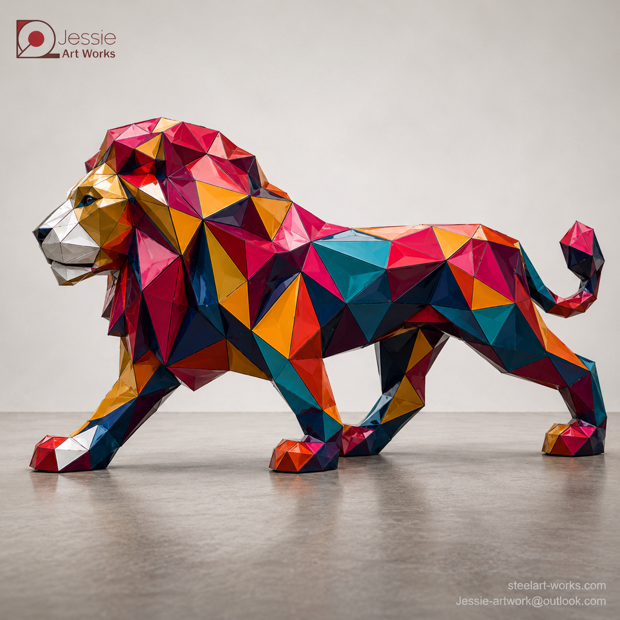 Life-Size Colorful Geometric Lion and Animal Sculptures