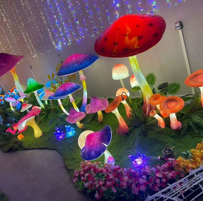 Custom Fiberglass Mushroom Light Installation for Fantasy Gardens and Theme Parks