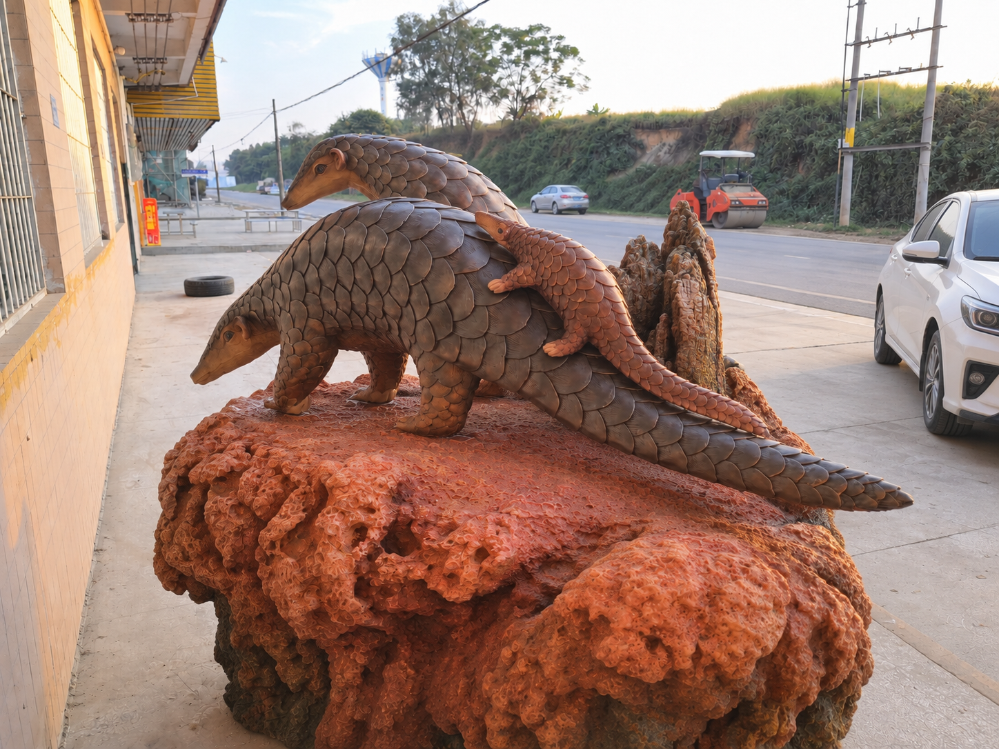 Custom Fiberglass Pangolin Family Sculpture