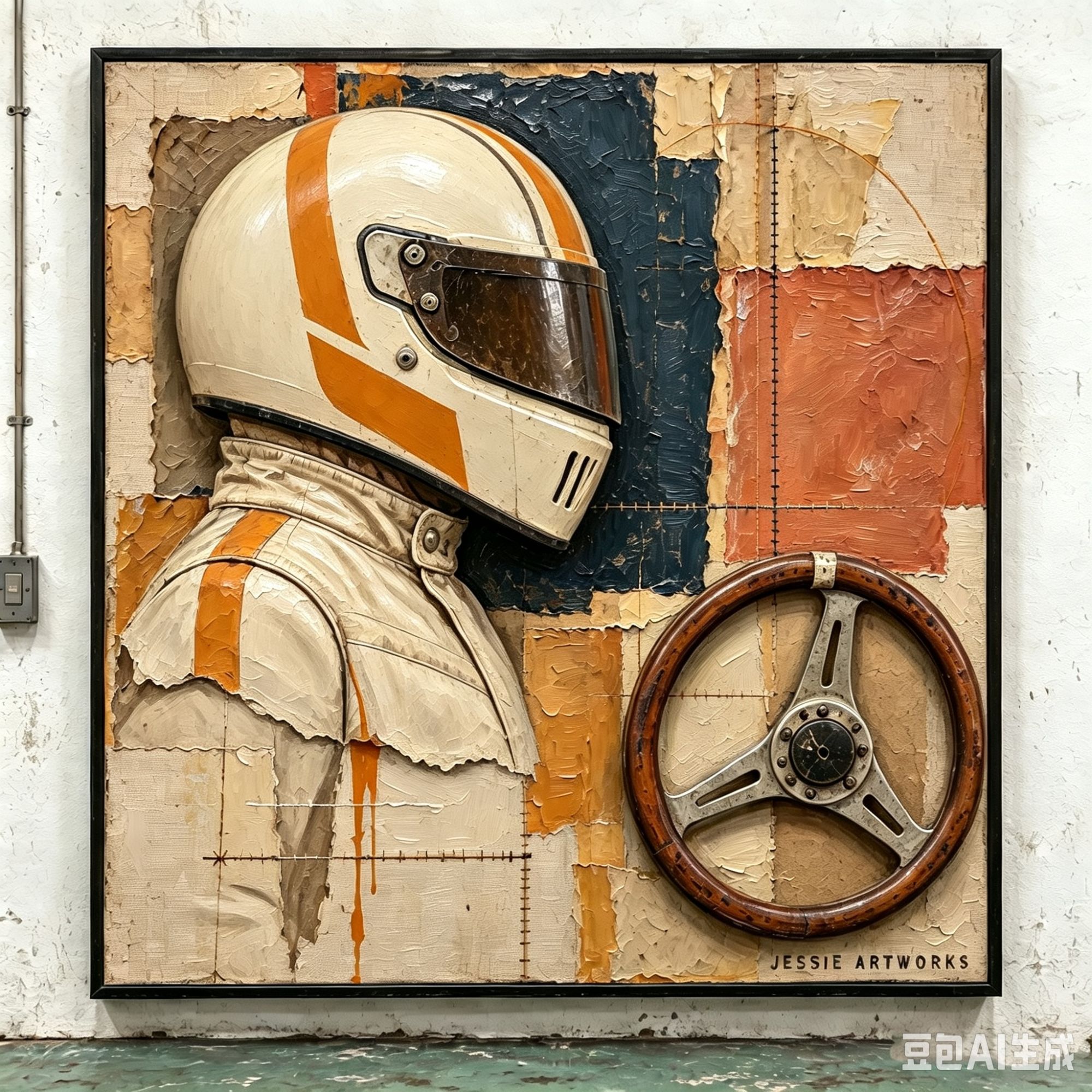 Vintage Racing Helmet & Steering Wheel Relief Art