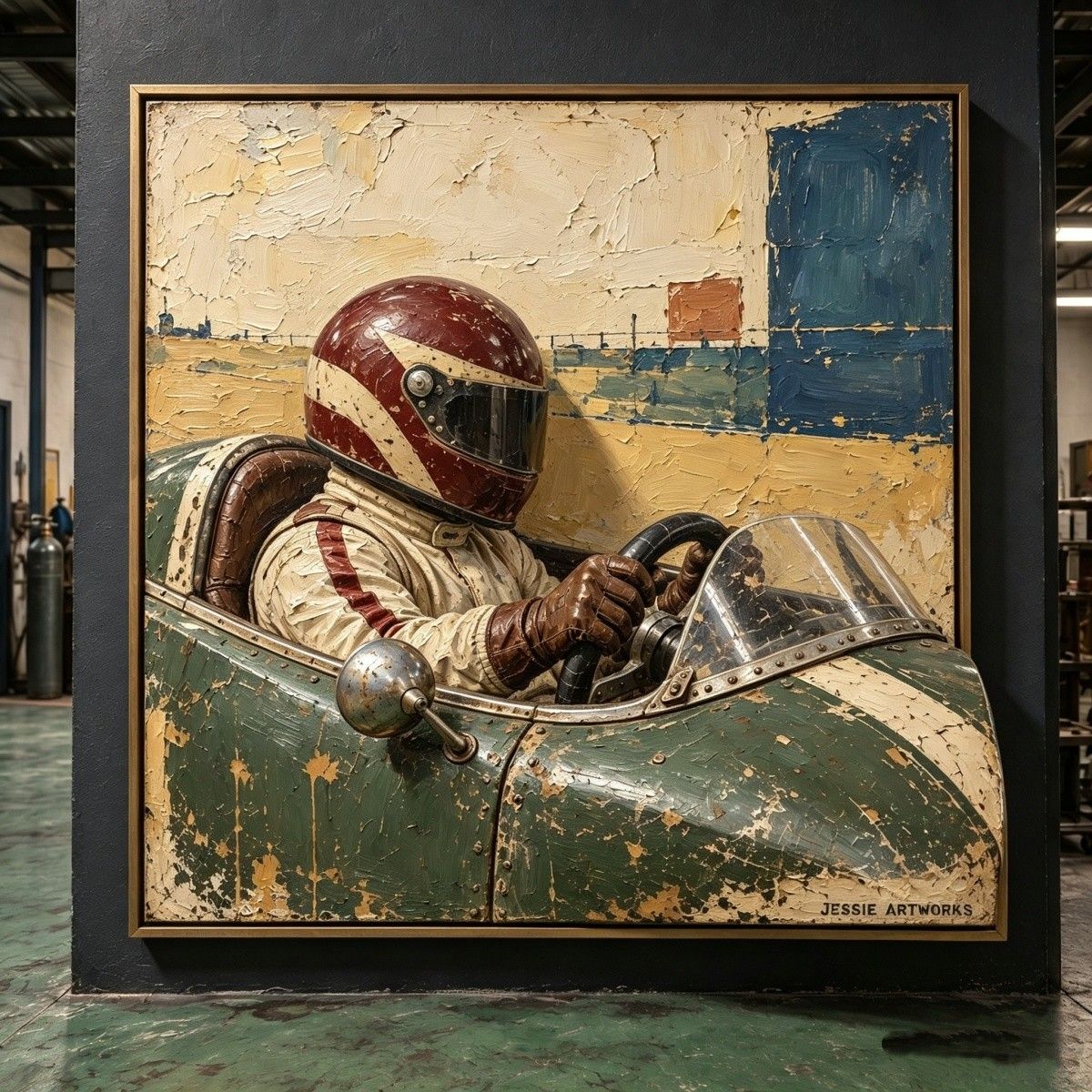 Vintage Racing Driver Cockpit Relief Art