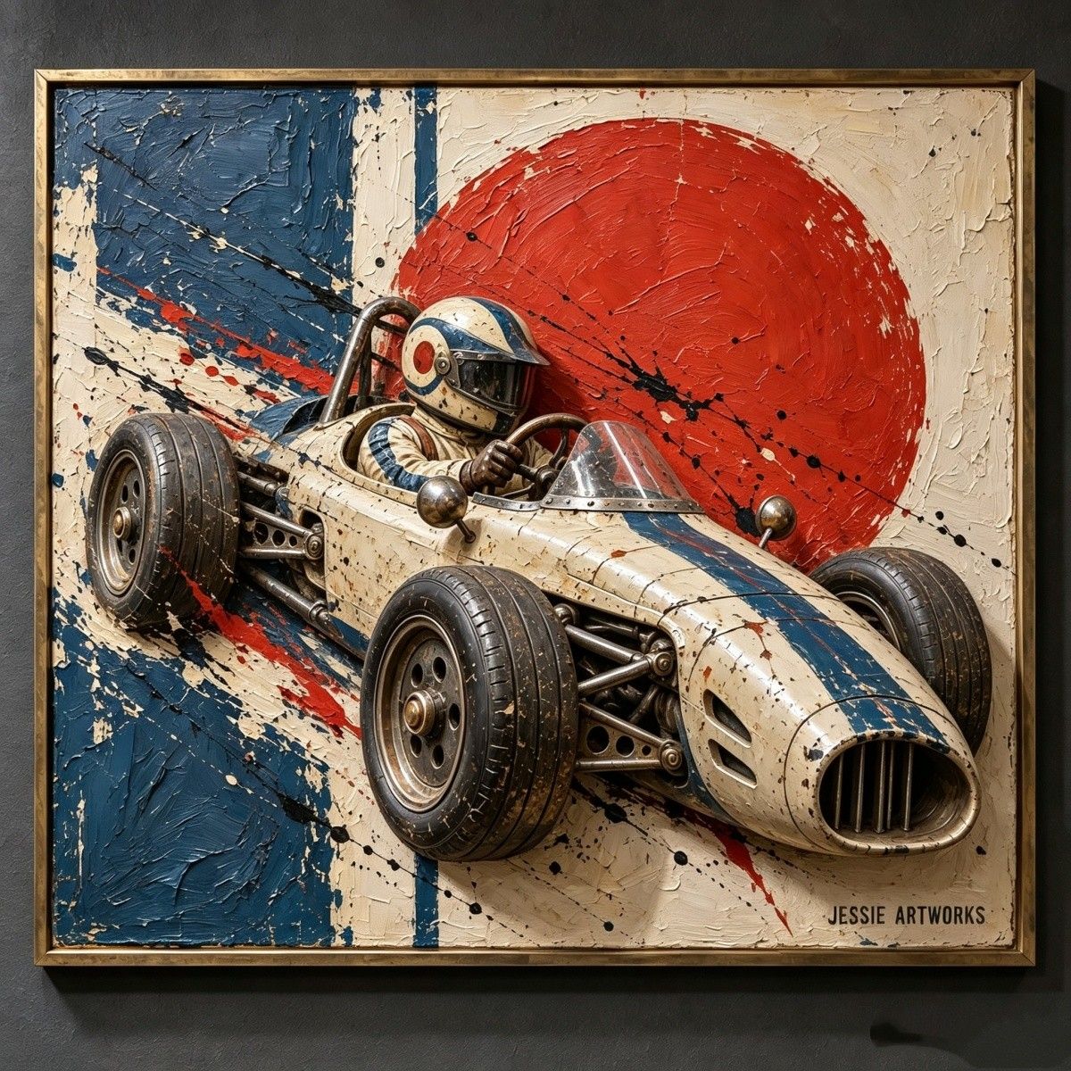 Vintage Formula Racing Car Relief Art