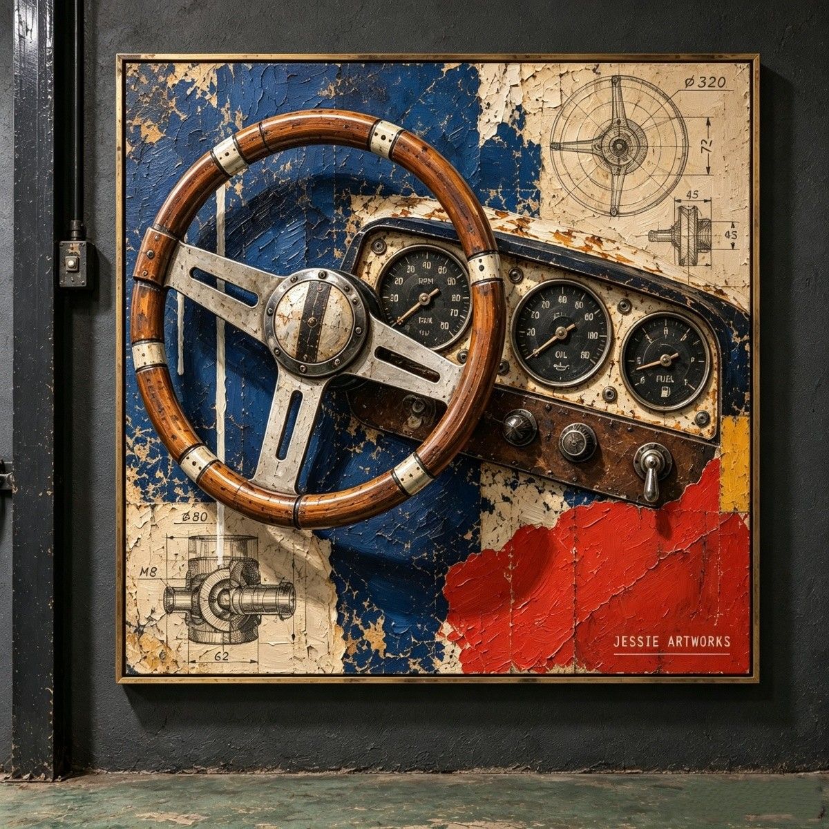 Vintage Steering Wheel & Dashboard Relief Art