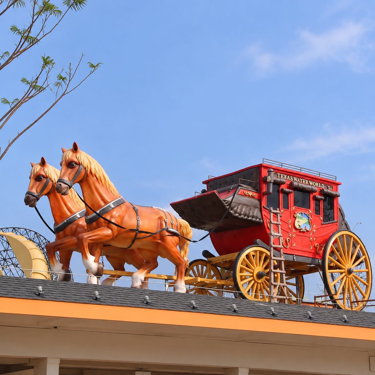 Custom Fiberglass Horse & Stagecoach Theme Park Sculpture